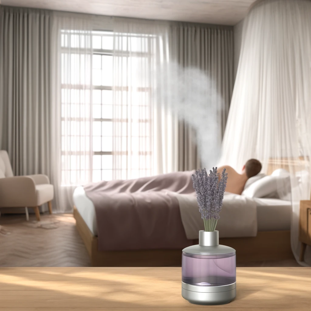 Beruhigendes Schlafzimmer mit Lavendelduft aus einem Diffuser und einer entspannten Person auf dem Bett