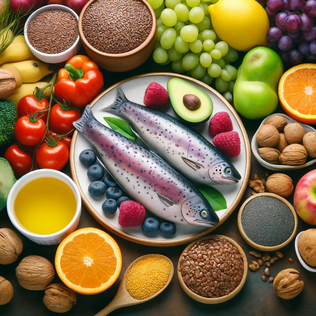 Eindrucksvolle Darstellung einer ausgewogenen Ernährung, reich an entzündungshemmenden Nährstoffen und Antioxidantien