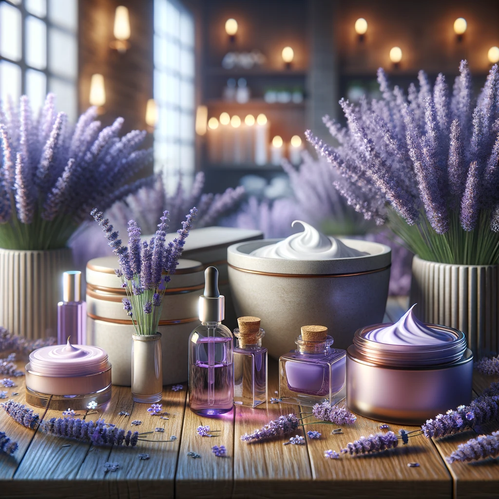Spa-Szene mit Hautpflegeprodukten angereichert mit Lavendelöl, darunter Cremes und Lotionen