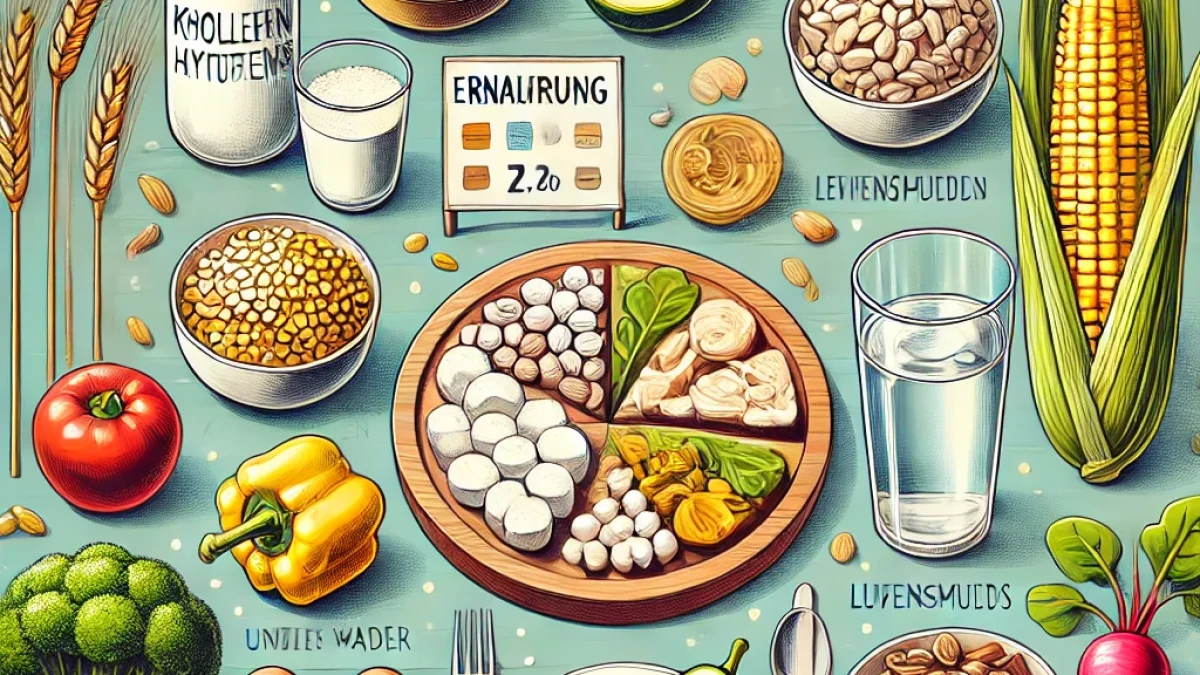 Illustration von Ernährungsmythen mit Kohlenhydraten, einer Waage, Wasser und Gemüse