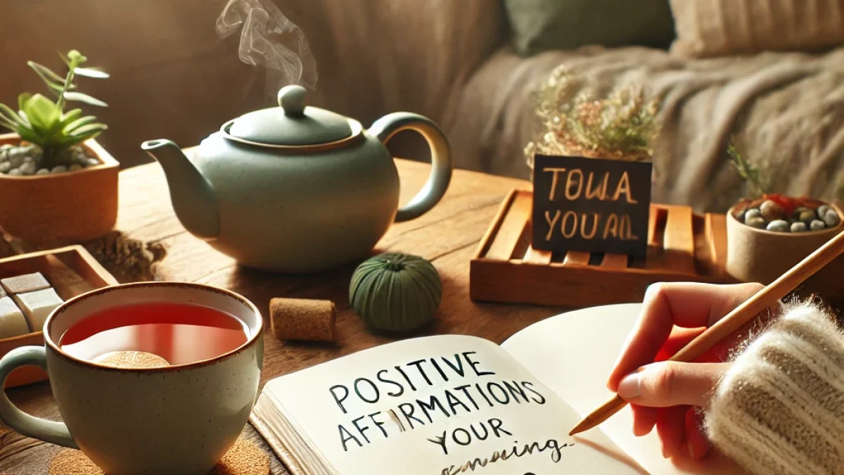 Person schreibt Affirmationen in ein Tagebuch mit einer Tasse Tee