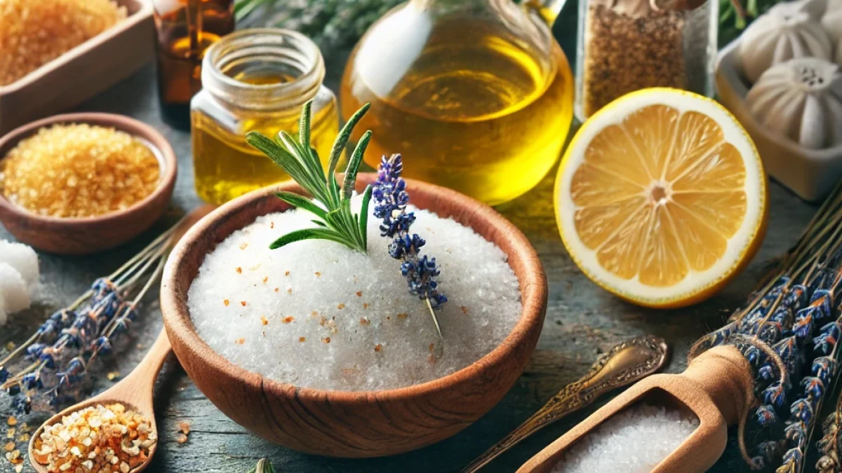 Selbstgemachtes Fußpeeling aus natürlichen Zutaten wie Zucker, Salz und Olivenöl.
