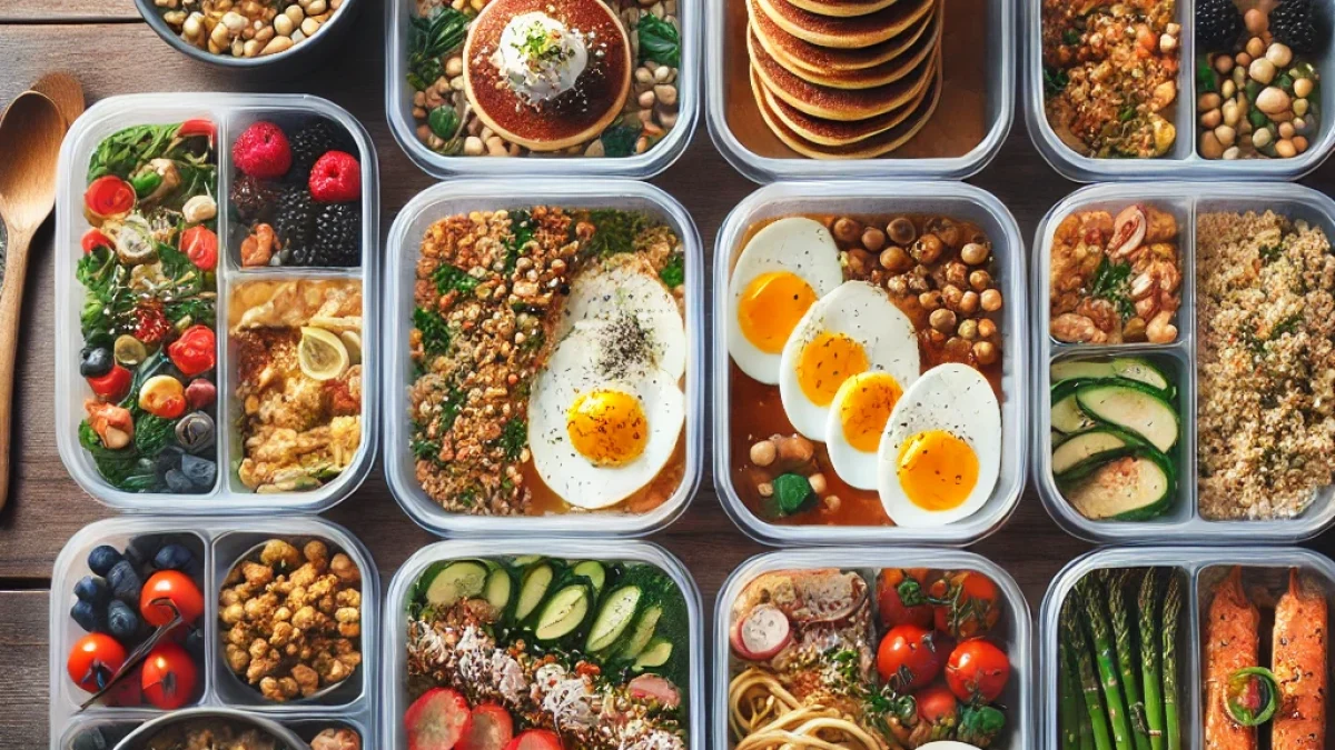 Meal-Prep-Behälter mit Frühstück, Mittag- & Abendessen auf einer Küchenplatte