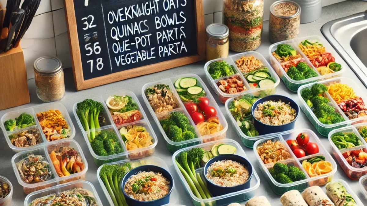 Organisierte Meal-Prep-Behälter für eine Woche mit Frühstück, Mittag & Abendessen