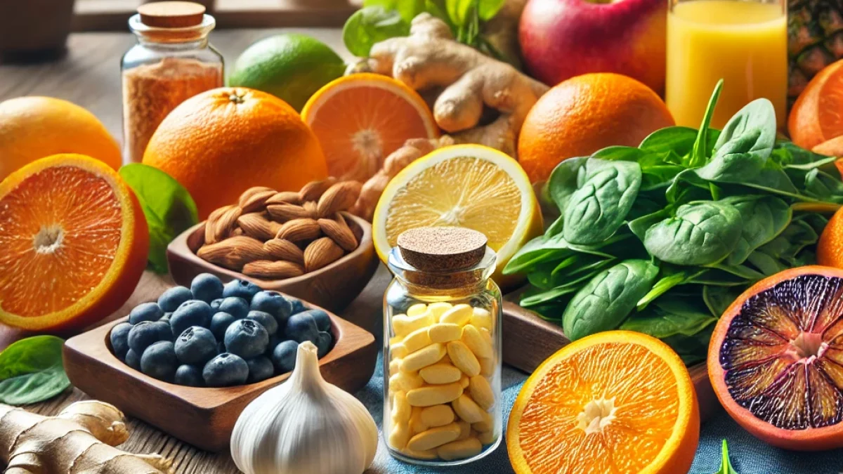 Immunbooster Zitrusfrüchte Ingwer Knoblauch Nüsse auf einem Tisch