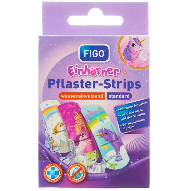 Figo Pflaster-Strips für Kinder Einhörner - Kinderpflaster mit Motiven - Wasserabweisend, hautfreundlich - 10 Pflaster